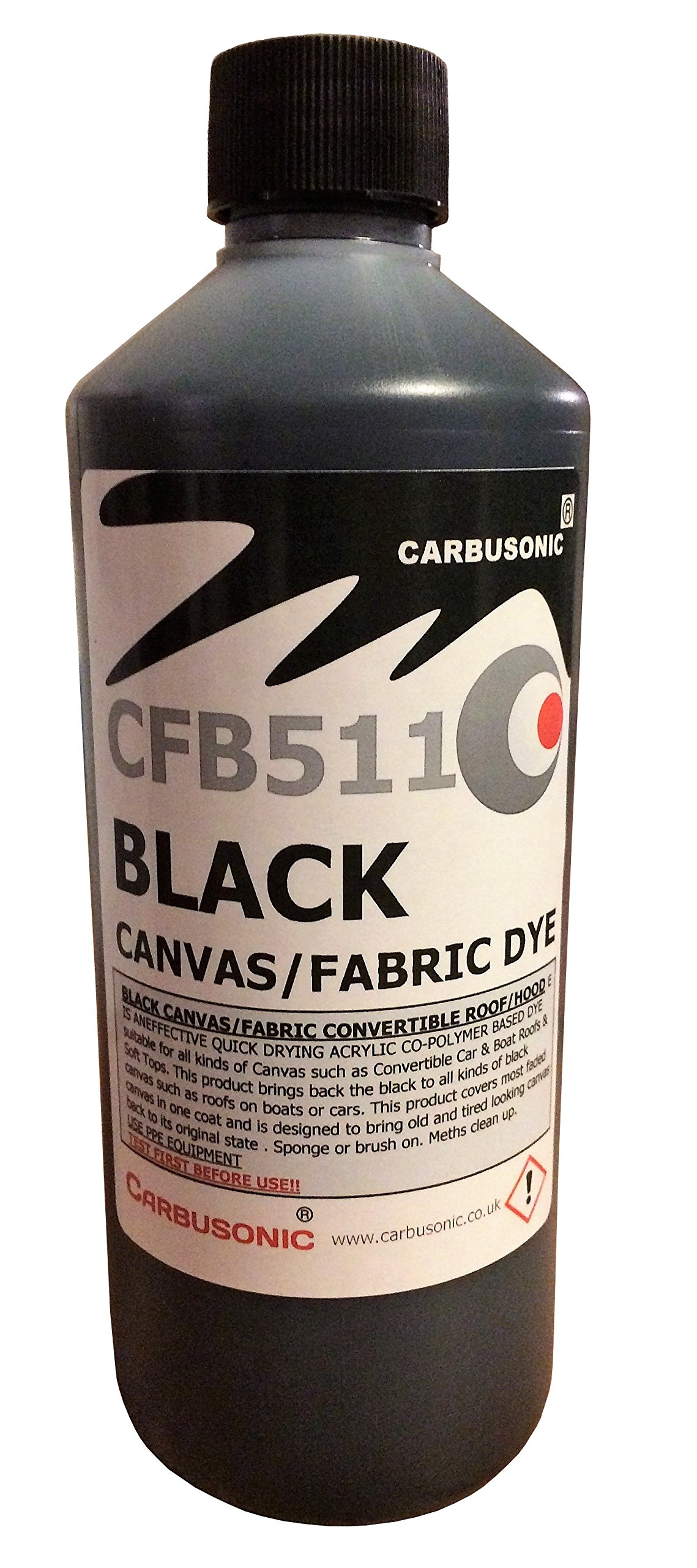 Carbusonic Limited. Black convertible roof, soft top hood canvas restorer, restores colour to fabrics acrylic based.