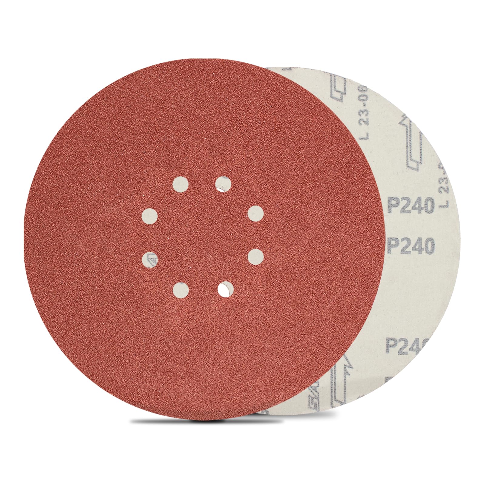 FEIHU 225 mm Sanding Disc 8 Holes P240 Grit. 9 Inch Hook and Loop Discs Sandpaper. 225mm Sanding Discs Pads,Grinding Wheels Diameter 225mm red Punched.For Drywall Sander Sanding Pads -15pcs