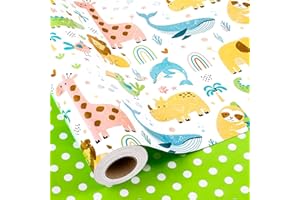 Yarcony Baby Wrapping Paper Neutral - 17Inch x 33Feet - Reversible Cute Baby Boy Green Animals Themed Newborn Gift Wrap Paper