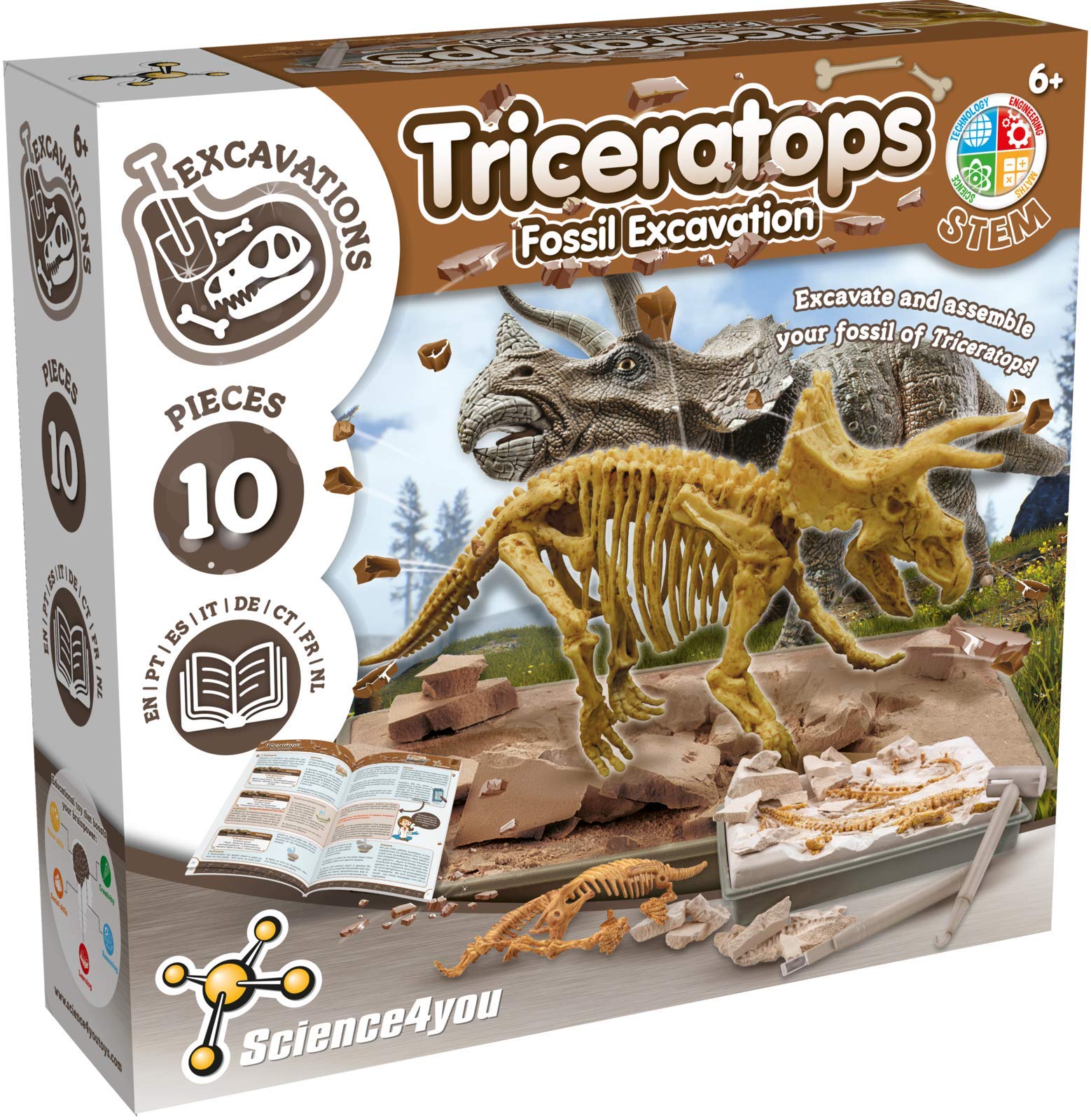 Science4you - Triceratops Fossil Digging Kit for Kids +6 - Excavate and assemble 10 Triceratops Fossiles - Ideal Dinosaur Excavation Kit Toy, Archeology and Paleontology Sets for Kids Age 6+