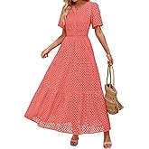 ZESICA Women's 2026 Summer Short Sleeve Maxi Dress Casual V Neck Hollow Out Eyelet Ruffle Swing A Line Long Dresses