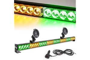 LE-JX Amber/Green Emergency Strobe Light Bar 36 In 13 Flash Patterns Traffic Advisor Warning Hazard Windshield Safety Lights Bar with Cigar Lighter for Vehicles, Truck (35.5 Inch, Yellow/Green 32 Led)