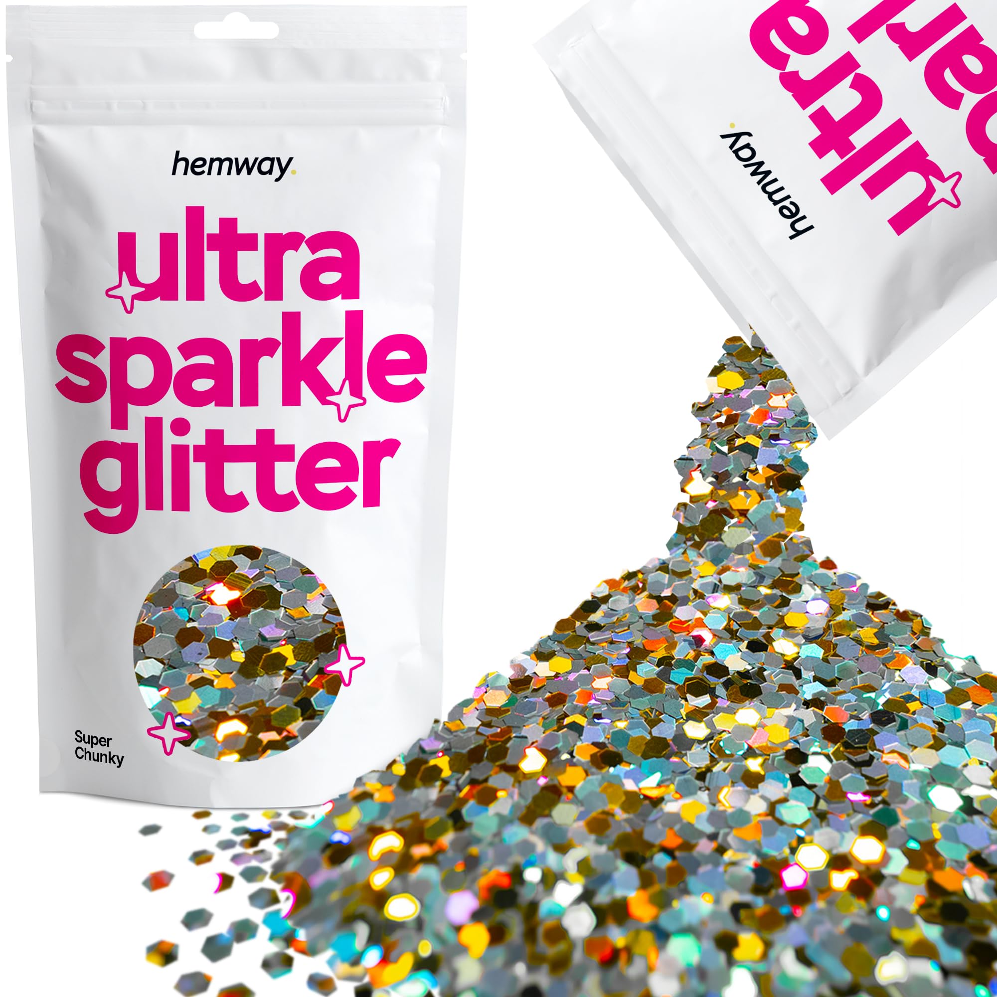 Hemway Ultra Sparkle Glitter Gold Silver Holographic 100g Super Chunky | Glitter for Arts & Craft, Makeup, Nail Art, Crafting, Card Making, Sparkle Decoration