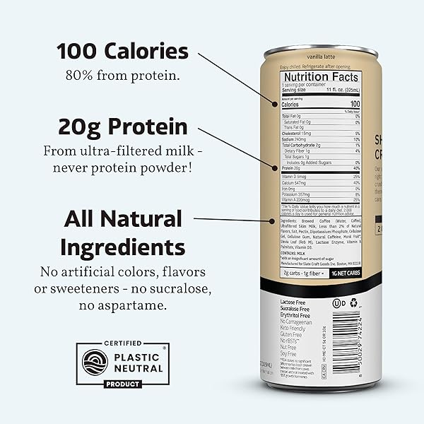 SLATE MILK – HIGH PROTEIN ICED COFFEE – VANILLA LATTE – 175MG CAFFEINE, LACTOSE FREE ENERGY – 20G PROTEIN, 1G SUGAR, 100 CALORIES, 1G NET CARBS, NO SUGAR ADDED – PROTEIN COFFEE – 11 FL OZ, 12 CANS