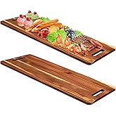 Bokon 2 Pcs Acacia Wooden Charcuterie Boards Acacia Serving Board with Handle Rectangular Hollow Handle Wood Tray Wooden Serving Platter Wood Server for Cheese Food(30 x 12 Inch)
