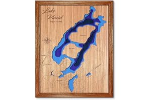 UPSTATE DESIGN Hand Crafted, Laser-etched 3D Nautical Wood Lake Maps. Multi Layered wood framed topographical map. Lake decor, wood wall art, lake sign. (Lake Placid NY, Large)