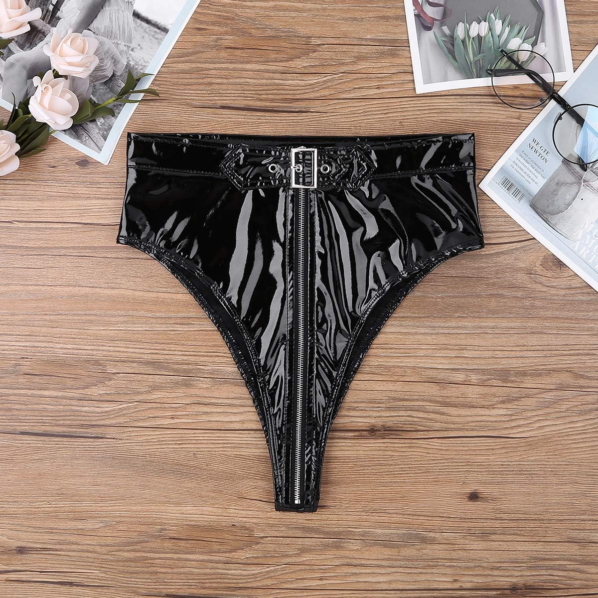 CHICTRY Women's High Cut Zipper Open Front Bikini Briefs Underwear with Buckles: Clothing