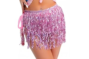 MUNAFIE Sequin Tassel Hip Scarf Sequin Tassel Skirts Rave Fringe Hip Scarf for Festival Belly Dance Skirt