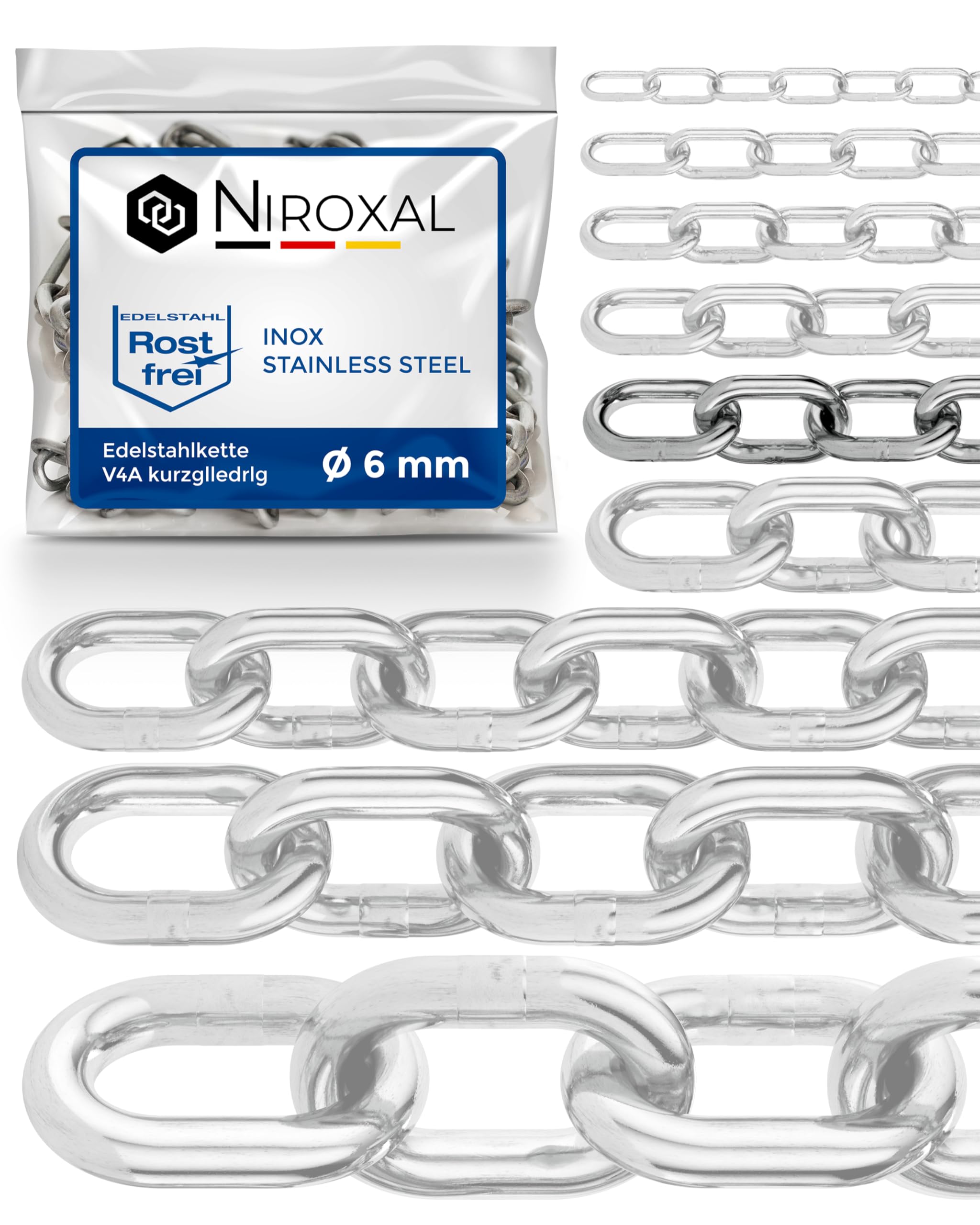Stainless Steel Chain Short Link 316 Marine Grade A4 DIN 766 DIN 5685 6 mm 5 m Heavy Duty Round Link Chain Rust Resistant Outdoor Chain NietFullThings