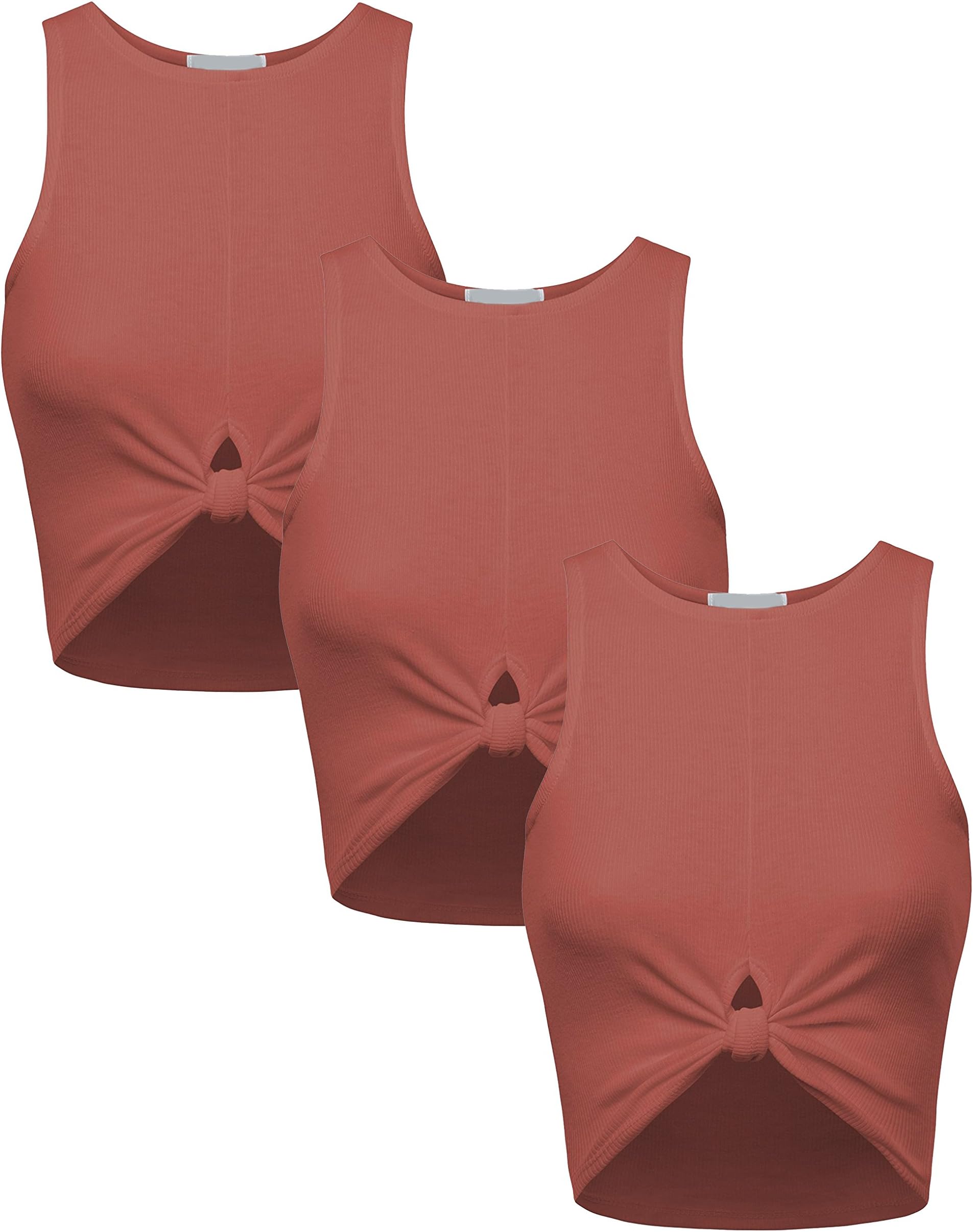BEKDO 3 Pack Womens Solid Ribbed Jersey Trendy Racerback Crop Tank Top-L-Marsala