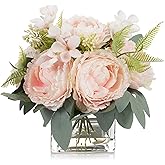 ENOVA FLORAL Artificial Flower Arrangement with Vase,Mixed Artificial Silk Peony Flower in Vase for Decoration Home Office, Wedding Centerpiece (Pink)