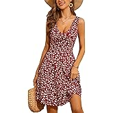 HUHOT Womens Sleeveless V Neck Dress with Pocket Summer Beach Midi Flared Tank Dress