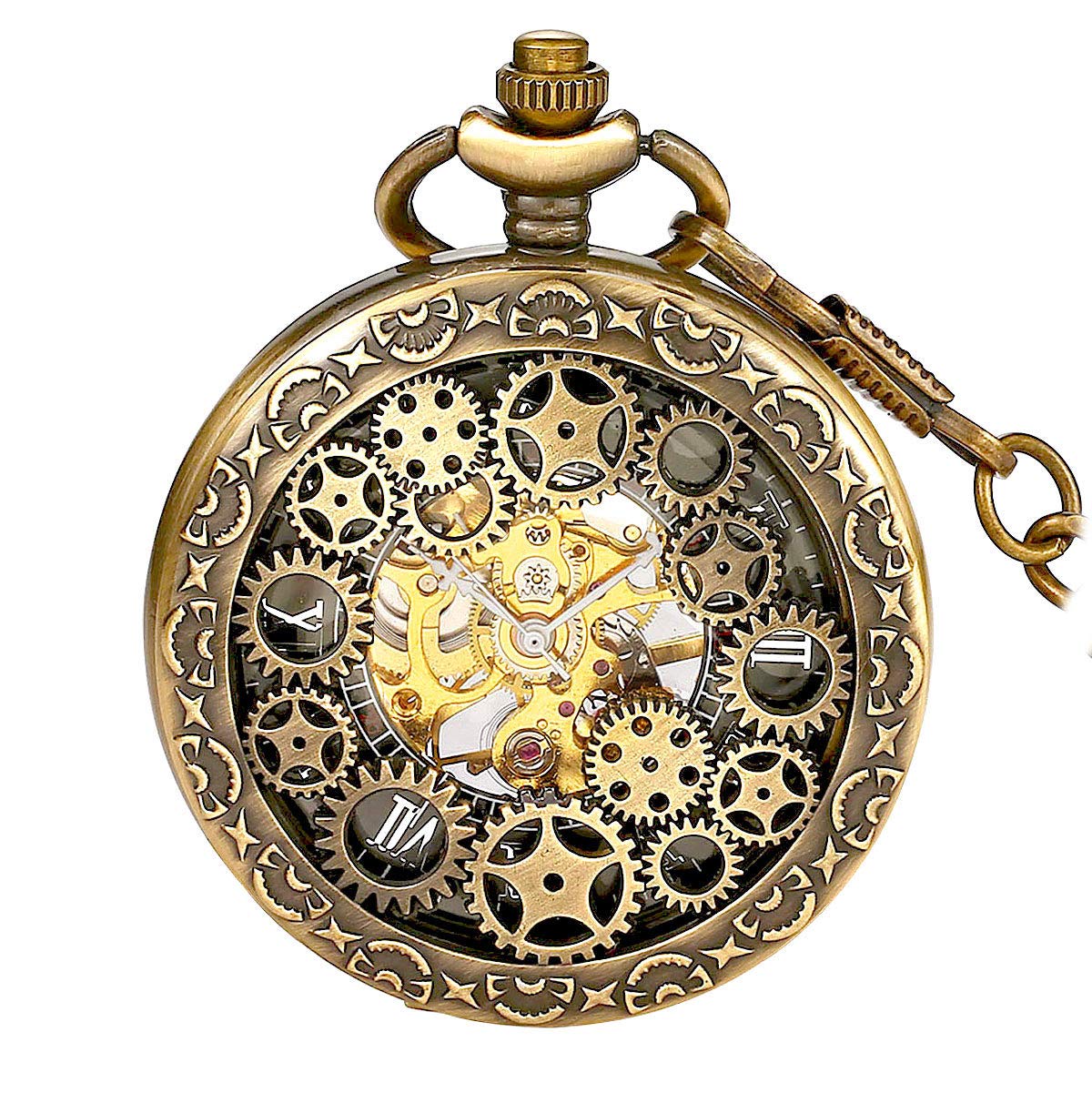 BOSHIYA Vintage Mechanical Pocket Watches for Men Luminous Steampunk Pocket Watch with Chain Black Skeleton Dial Roman Numberals Pocketwatch Gifts for Fathers Day