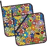 Abstract Hippie Flower Pot Holders Set of 2 Kitchen Heat Resistant Potholder for Microwave Cooking Baking Oven End Dishes and BBQ