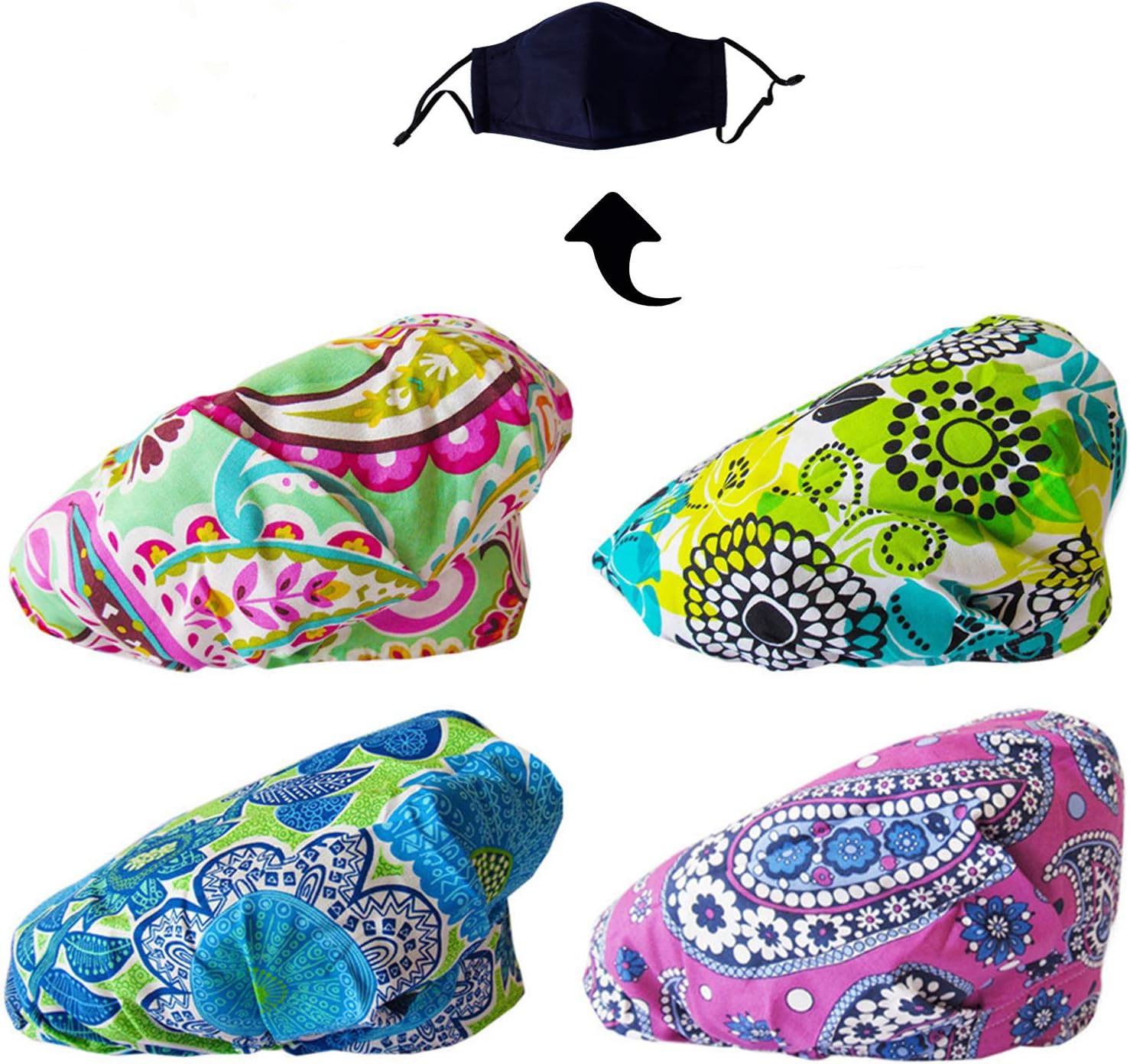 JoyRing Adjustable Surgical Scrub Cap Medical Doctor Bouffant Hats with Sweatband and Free Cotton Mask