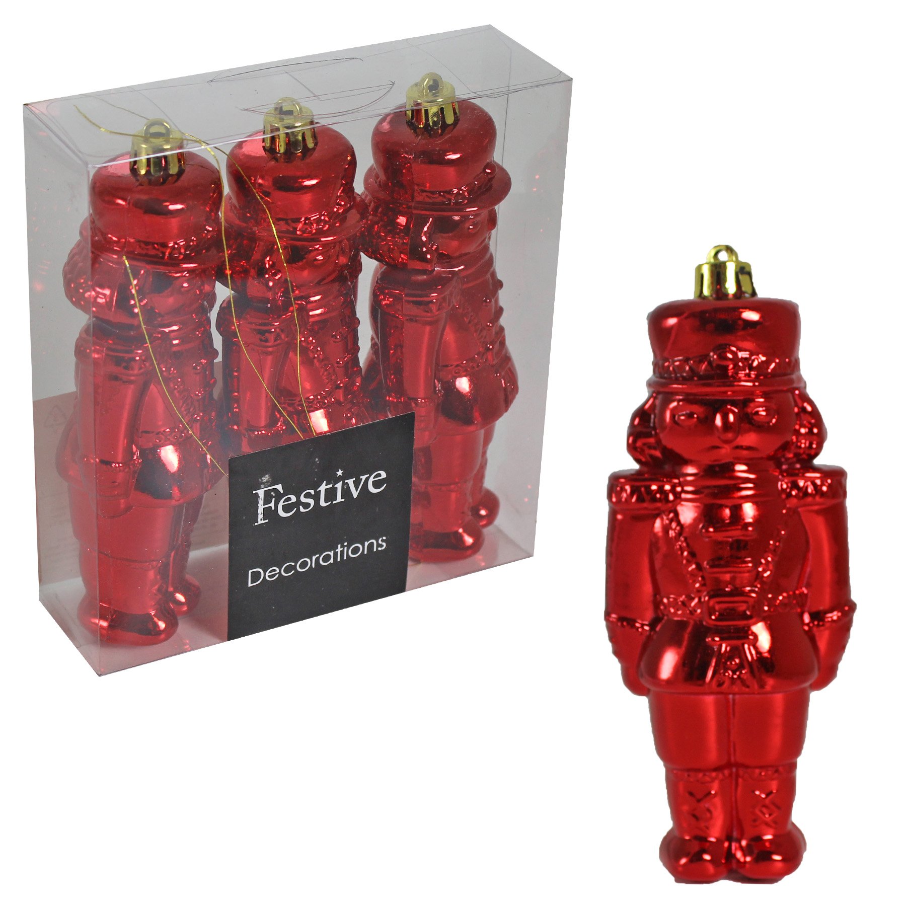 Festive Christmas Decoration 3 Pack 12cm Shiny Nutcracker Style Figurines - Red
