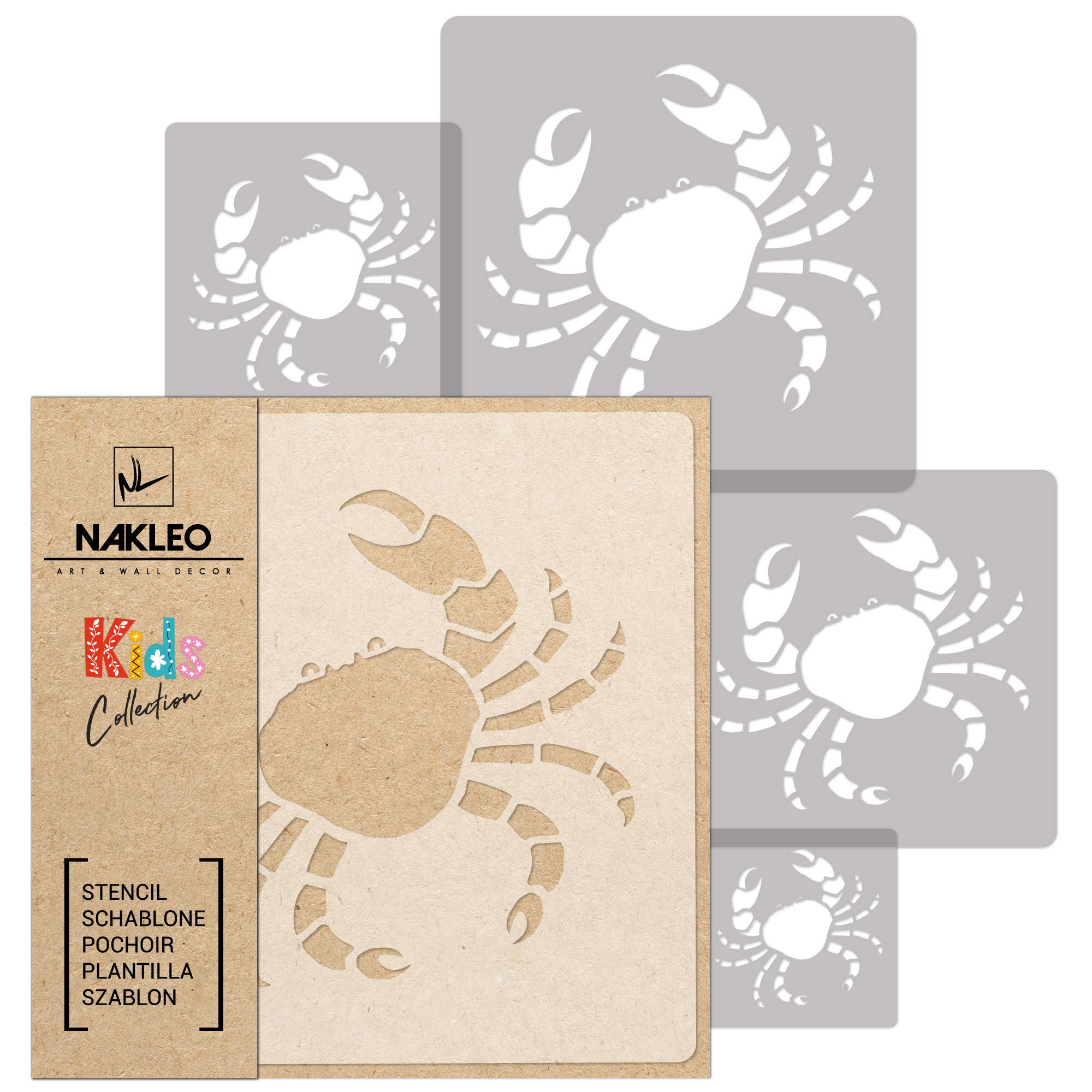 NAKLEO Painting Stencils Set for Nursery Room, 5 Pcs Templates 9x9 to 34x34cm Crab Marine Animal, Plastic and Reusable Drawing Stencils, Decor, Craft DIY Wall Furniture