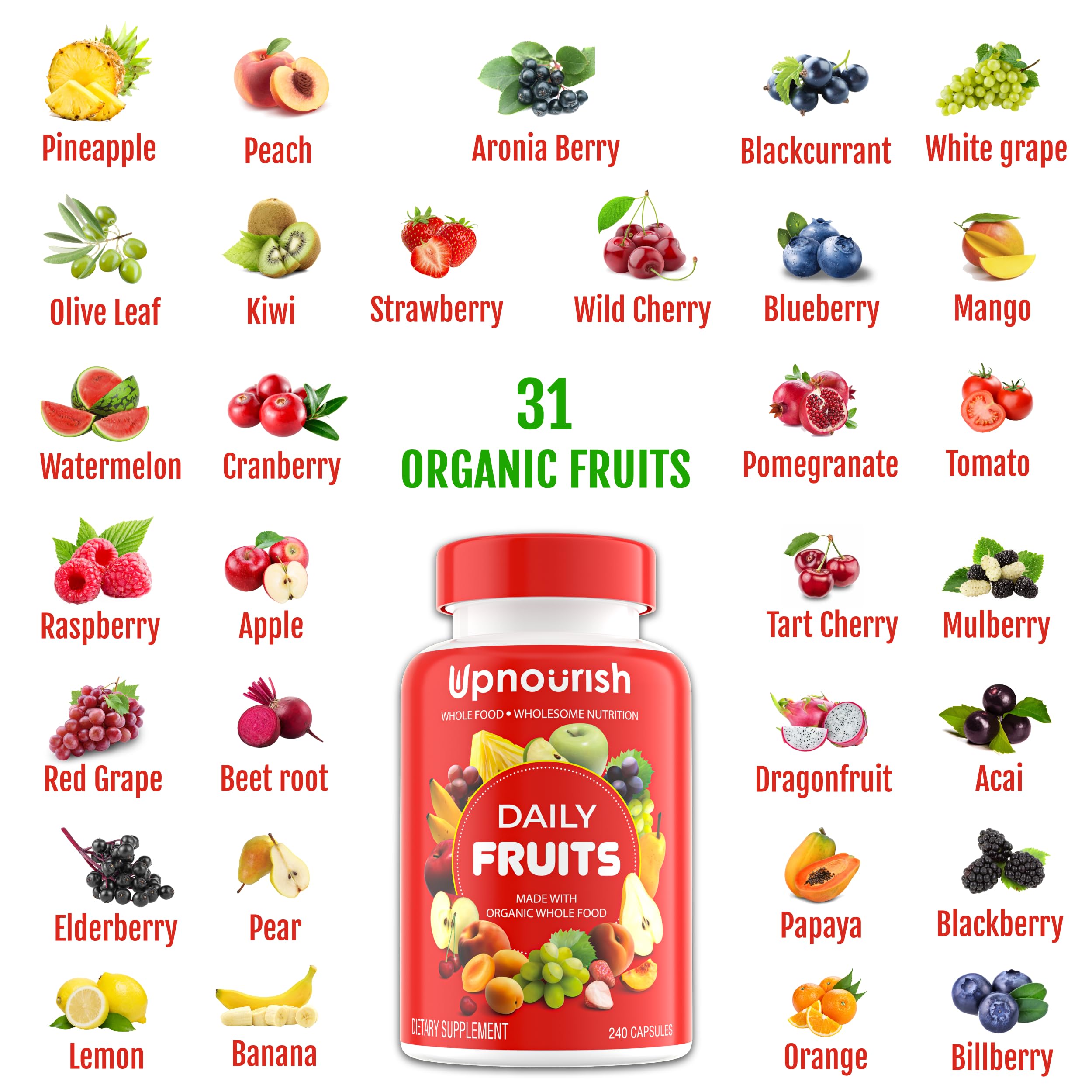 UpNourish Organic Fruits and Veggies Supplement - Support Diet Balance, Body Cleanse & Energy - 480 Fruits and Super Greens Capsules from Nature - Fruit and Vegetable Supplements for Adults & Kids