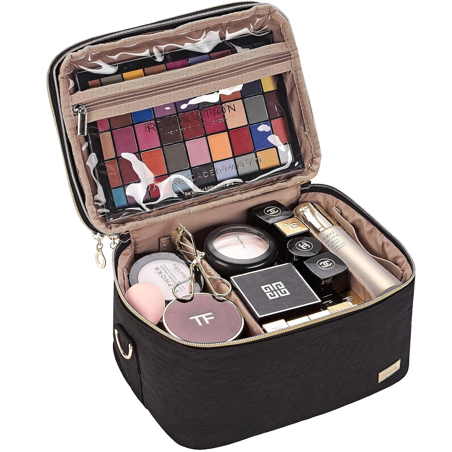 NISHEL Double Layer Travel Makeup Bag with Strap, Large Cosmetic Case Organizer Fits Bottles Vertically, Top Layer for Brushes, Tweezers, Eyeliner, Black : Beauty