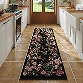 Rugcomf Runner Rug for Kitchen Rug Non Slip 2'6''x8' Washable Rugs with Rubber Backing Soft Floral Butterfly Carpet Runner for Kitchen Laundry Bedroom Bathroom, Black