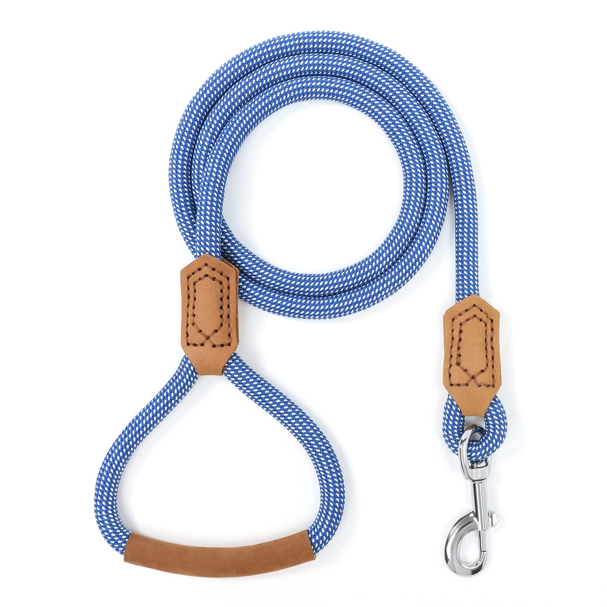 Mile High Life | Premium Leather Dog Leash | Strong Rope Leash | Leather Handle | Zinc Alloy Strong Clasp | Small Medium Large Dogs | 4/5/6 Feet (72 Inch, Blue White)
