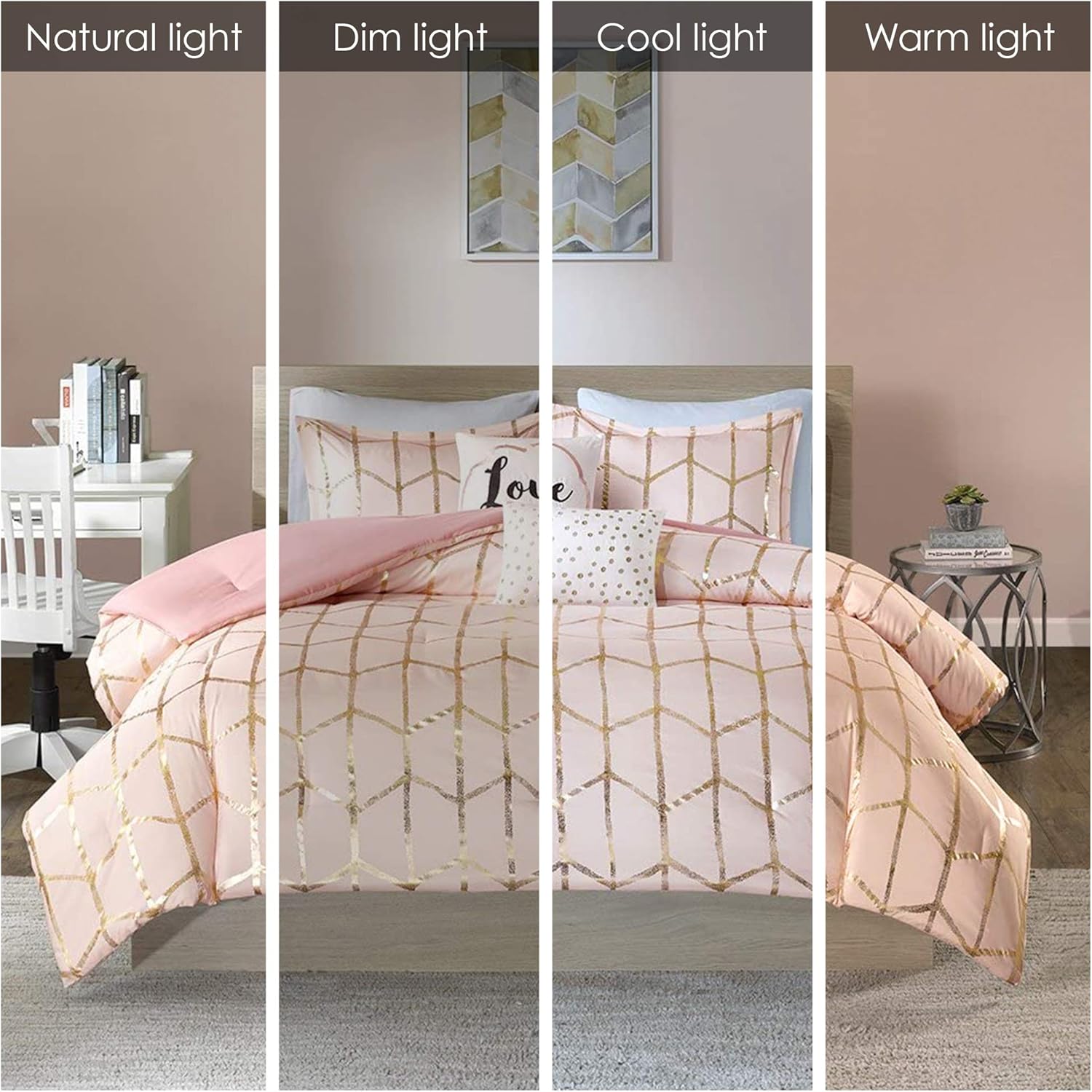 Intelligent Design Raina Comforter Set Metallic Print Geometric Design, Modern Trendy All Season Bedding Set, Matching Sham, Decorative Pillow, Blush/Gold, King/Cal King, 5 Piece: Home & Kitchen