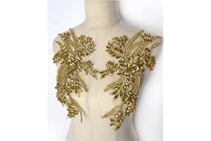 LABELLEZALADY Hand-Made Beaded Rhinestons DIY Clothing Appliques Patch,Beaded Applique for Wedding Dress Decoration,Rose Gold/Pink/Silver/Red/Black Flower Applique by Pair (Gold-B)