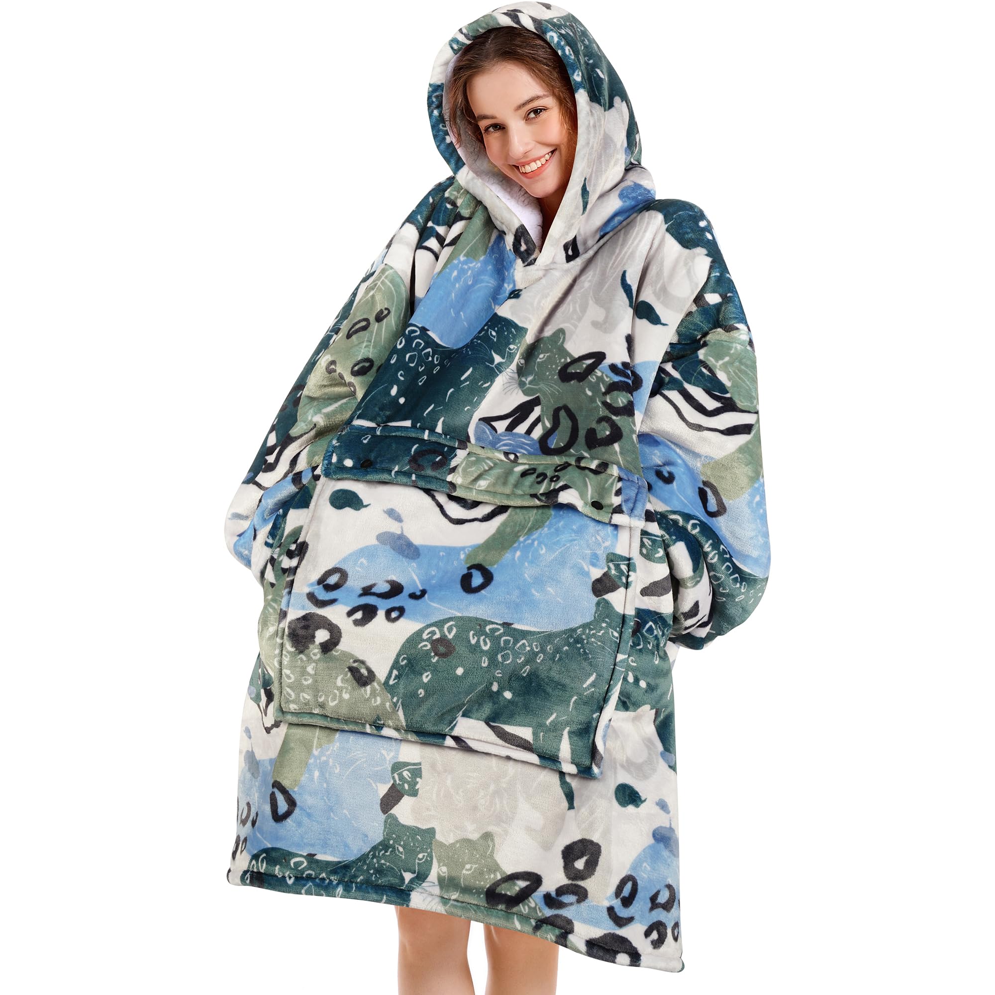 Narecte Cozy Oversized Blanket Hoodie Wearable Blanket Adults Soft Hooded Blanket Hoodie Birthday Gifts for Women Christmas Female Leopard Tiger Image