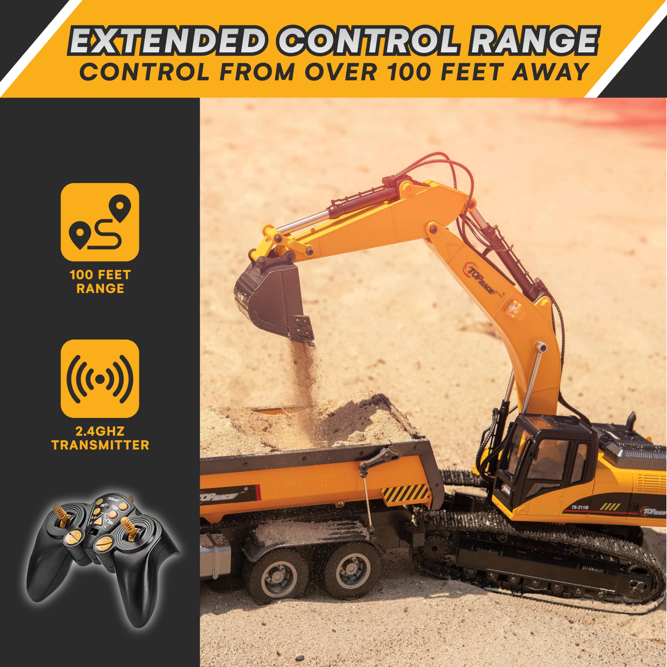 Top Race 15 Channel Full Functional Remote Control Excavator, Remote Control Excavator Toy with 2.4GHz Transmitter and Metal Shovel - 1:14 Scale Battery Powered Construction Tractor for Kids - TR 211