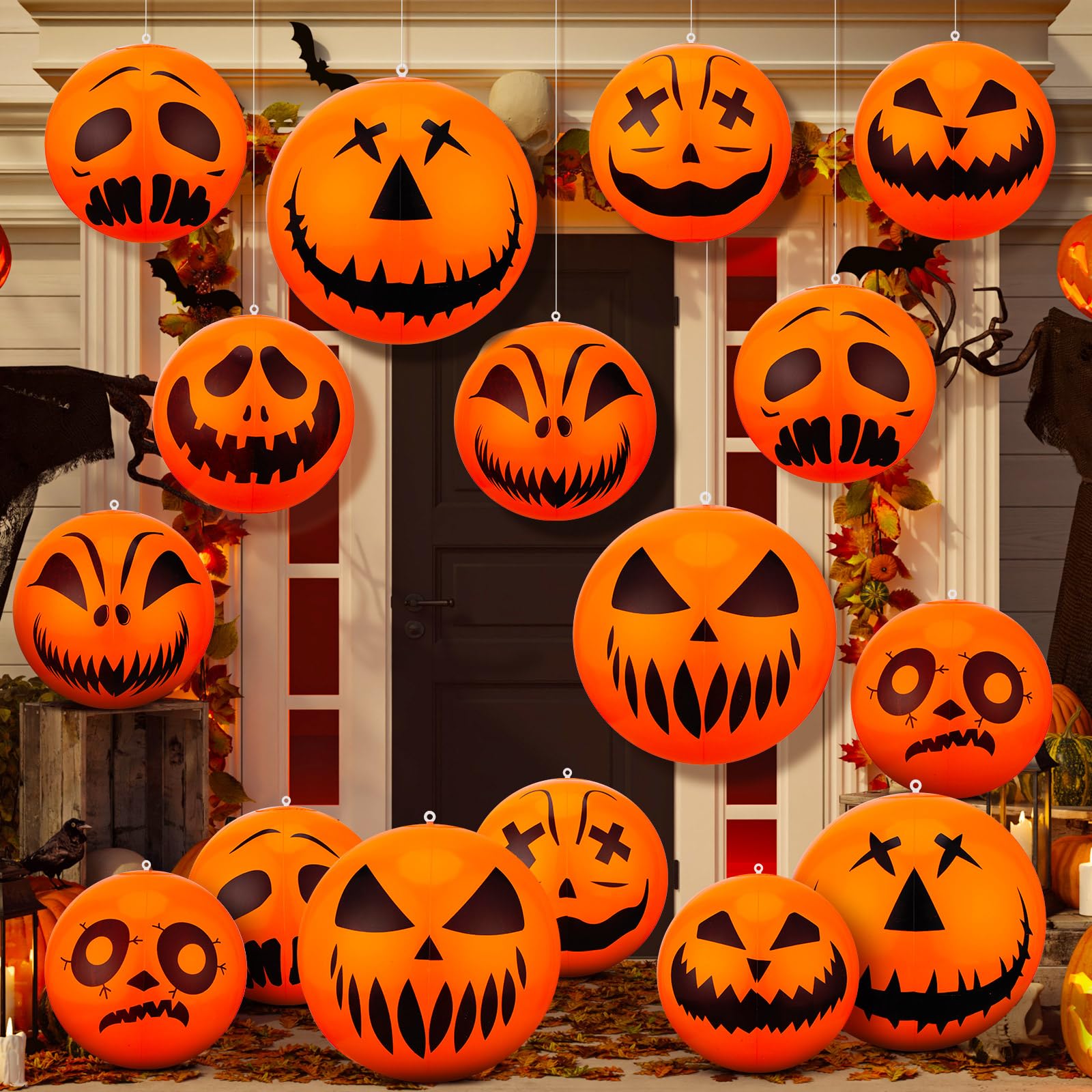 Photo 1 of 16 Pcs 24'' Halloween Inflatable Pumpkin Ball Ornaments 16'' Large Halloween Hanging Inflatable Pumpkin Decoration Blow up Halloween Balls Jack O Lantern Decor for Holiday Indoor Outdoor Garden Yard