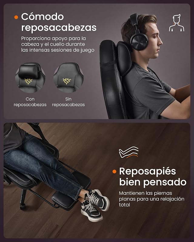 Cadeira de jogos, cadeira ergonómica de computador de corrida com apoio para os pés, com apoio de cabeça, couro sintético, altura ajustável, tinta preta OBG072B01