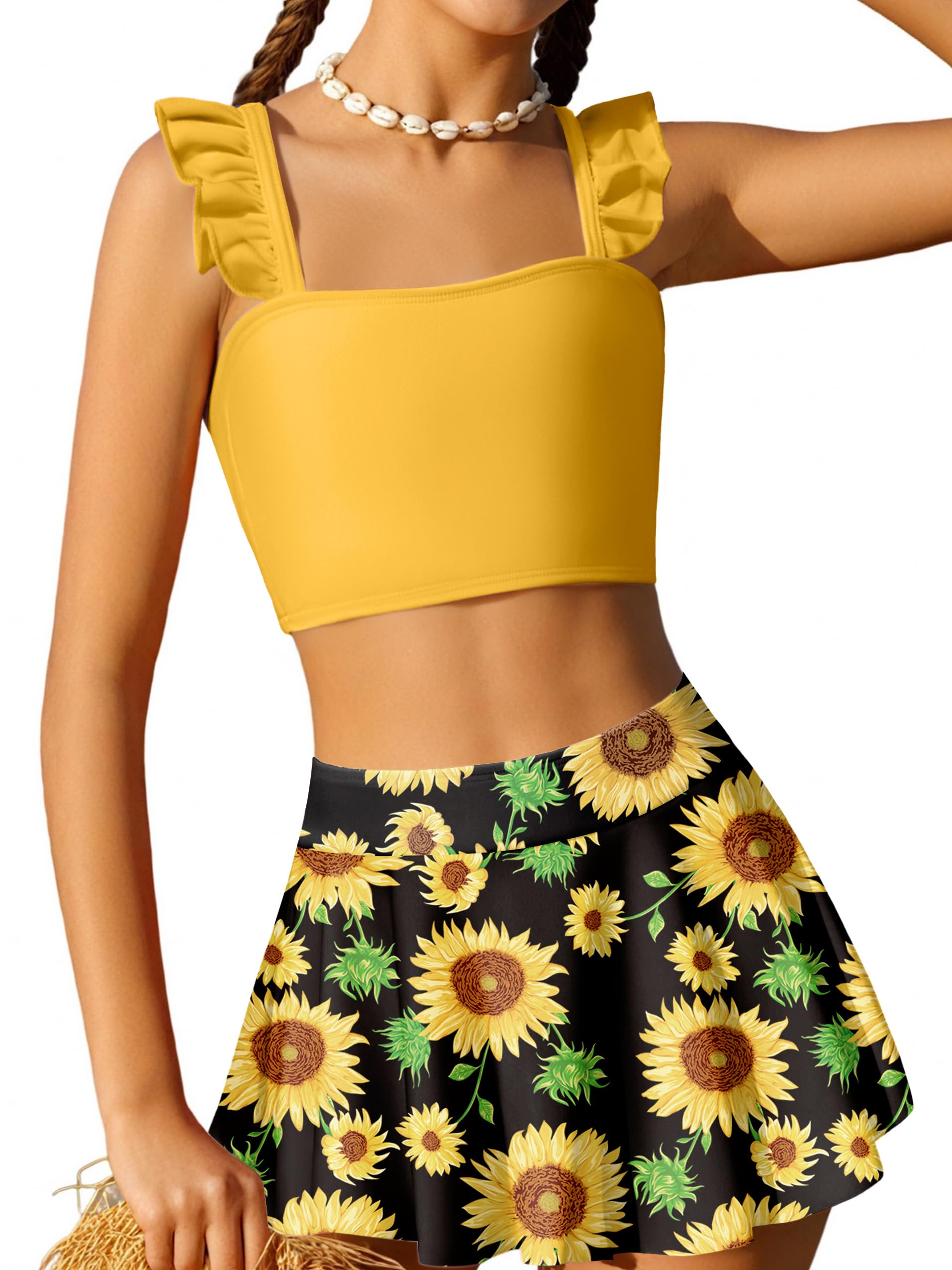Photo 1 of Arshiner Girls Swimsuit 3 Piece Bathing Suits Cute Bikini Tankini Sets Teen Ruffle Swimwear with Cover Up Skirt (Sunflower, 11-12 Years)