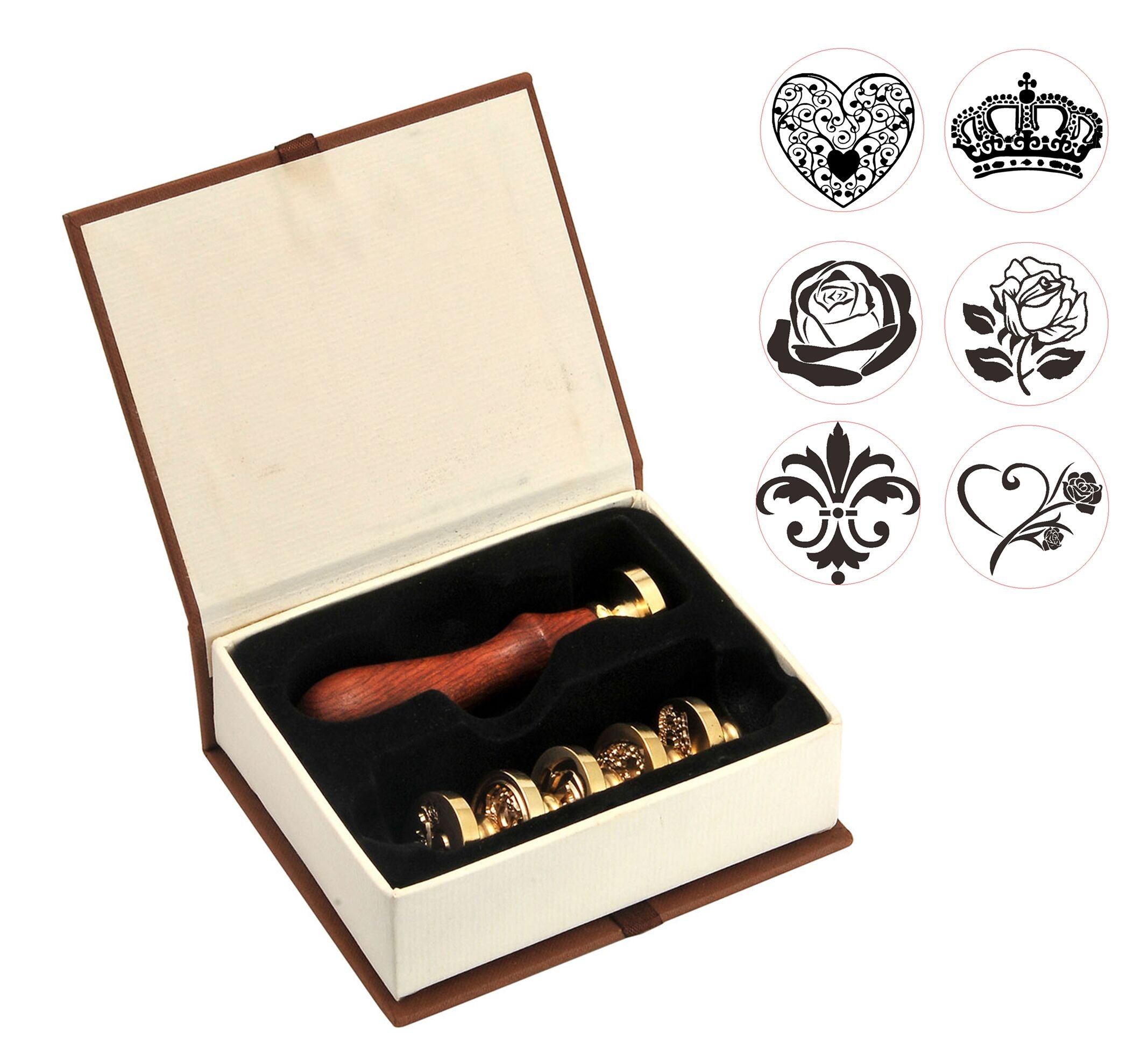 Wax Seal Stamp Set,Yoption 6 Pieces Romantic Rose Heart Flower Sealing Wax Stamps Gift Kit with Brass Head + Wooden Handle (Flower+The Rose3+Heart+Crown)
