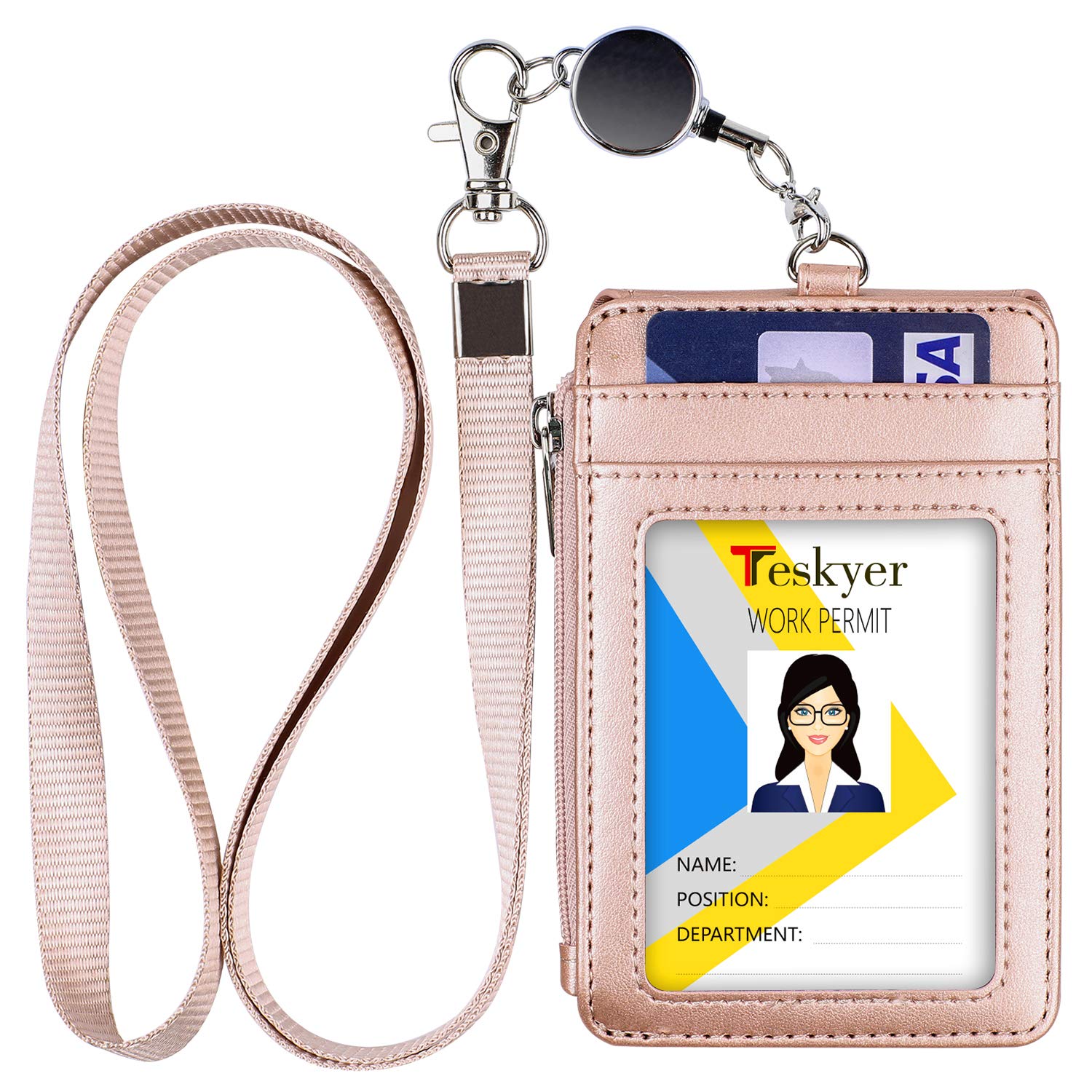 Teskyer Card Holder with Retractable Lanyard, Badge Holder with Zipper Pocket and Holds 4 Cards, Vertical Card Holder with Clear Window, PU Leather, Rose Gold