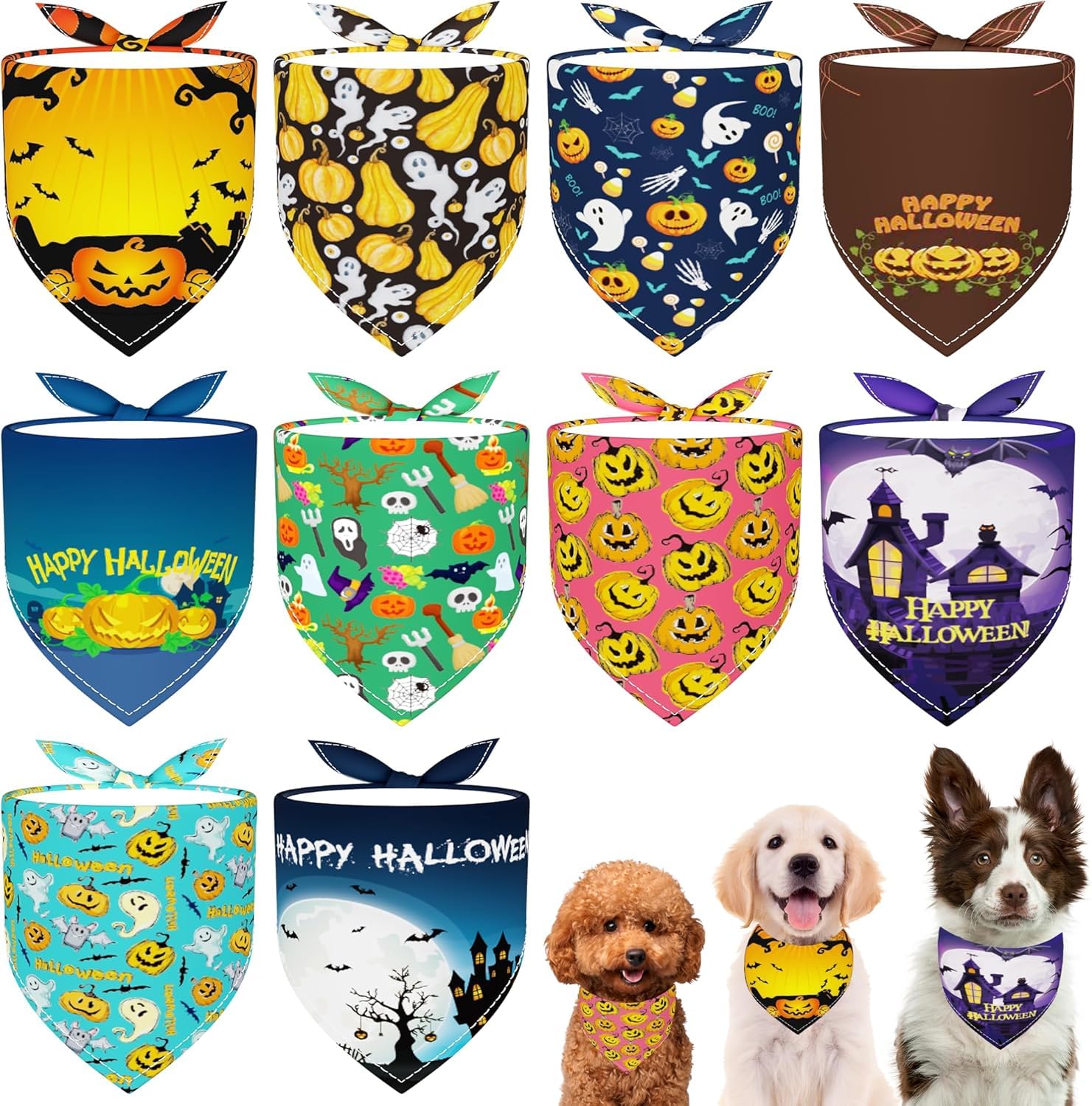 JpGdn 10pcs Halloween Dog Bandanas for Medium Dog Washable Stitching edge Selvedge Sewing Triangle Bibs Head Scarves Scarfs Pumpkin Bats Ghost Spider Owls Pattern for Girls and Boys Grooming Costume