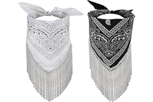 2pcs Rhinestone Fringe Bandana, Rhinestone Scarf for Women Sparkly Disco Cowgirl Bachelorette Bandanas Bling Bandanas Party S
