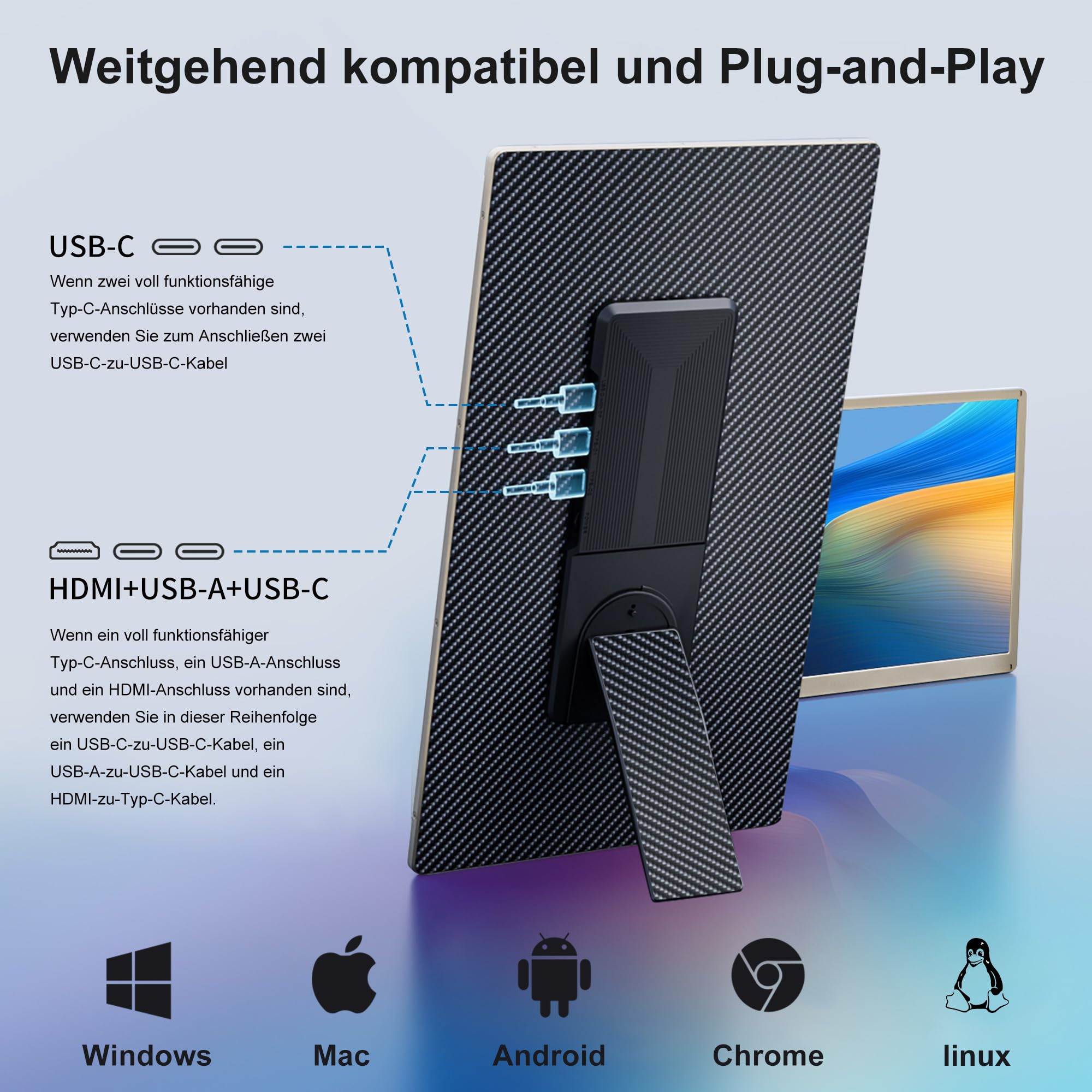 15.6 Inch Laptop Monitor Extension, 120% sRGB Laptop Screen Extender with 235° Rotation, 1080P Laptop Screen Extension, Removable, Malleable, Plug & Play, Portable Monitor for Mac Windows Chrome 8