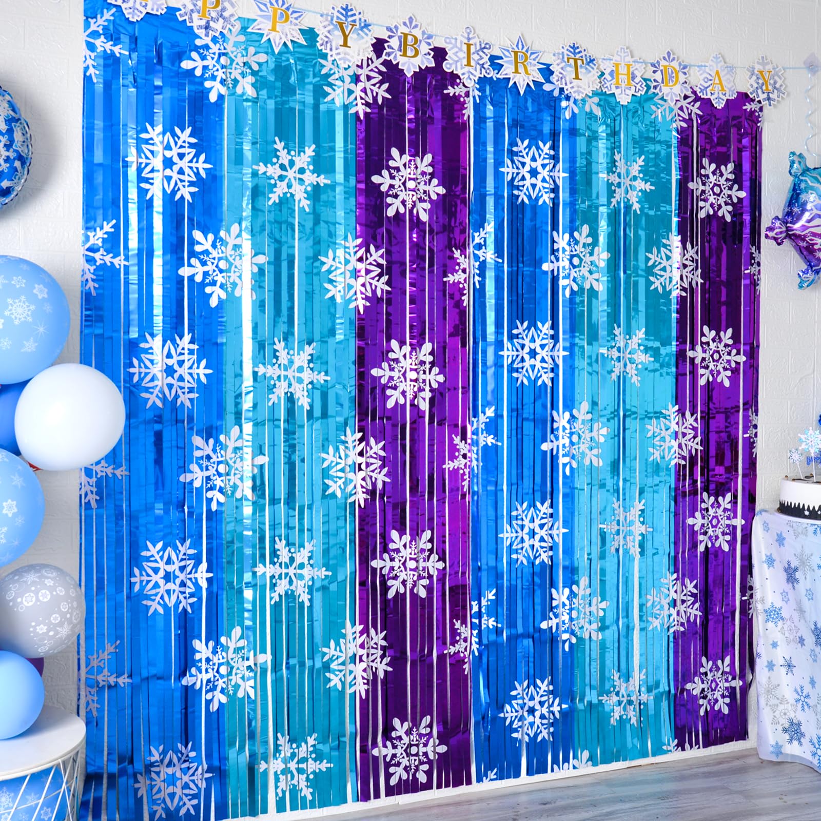 Bupelo Winter Princess Birthday Party Decorations, 2 Pack Ice Birthday Party Supplies 3.3x6.6ft Tinsel Foil Fringe Curtains, Winter Photo Booth Prop Backdrop Streamer, Snowflake Birthday Party Decor