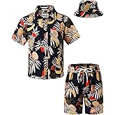 TUNEVUSE Little & Big Boys Hawaiian Button Down Shirts and Short Sets with Bucket Hat Summer Outfits Printed Kids Cabana Set