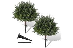 Pertivery 2 Pack Artificial Cedar Topiary, 23.6Inch UV Resistant Artificial Shrubs, with Ground Spikes, Indoor and Outdoor Fake Evergreen Tree for Porch, Garden, Front Door Decoration