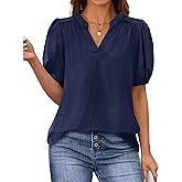 PRETTYGARDEN Womens Casual Summer Tops 2025 V Neck Short Puff Sleeve Pleated Cotton T Shirts Loose Dressy Blouses