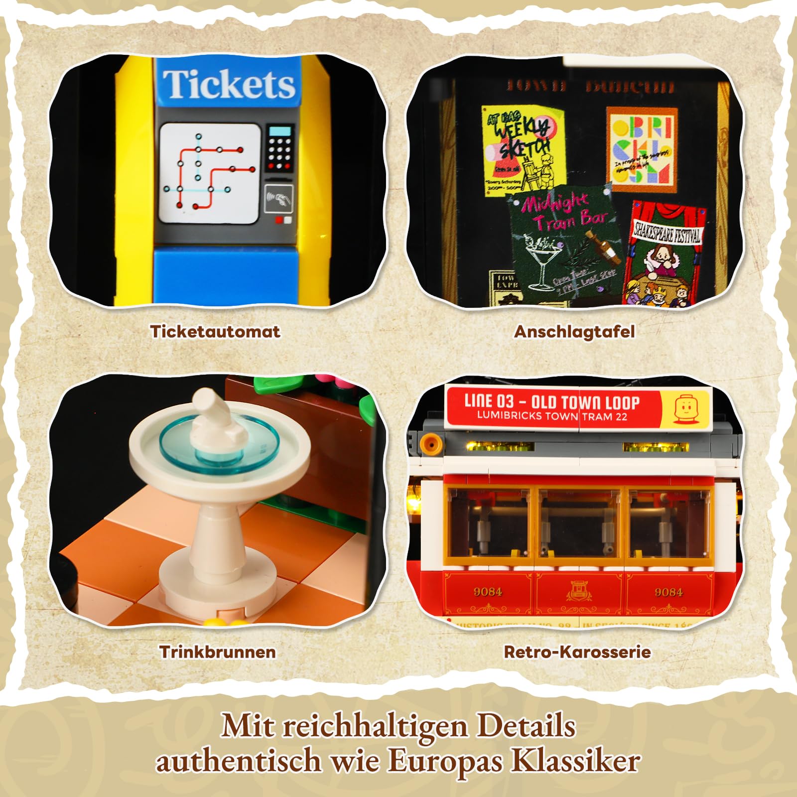 Lumibricks Heritage-Straßenbahn und -Haltestelle Bausatz mit Licht, Vintage-Dekor,kompatibel mit Modular Buildings,1274Pcs,Alter 16+, L9084 4