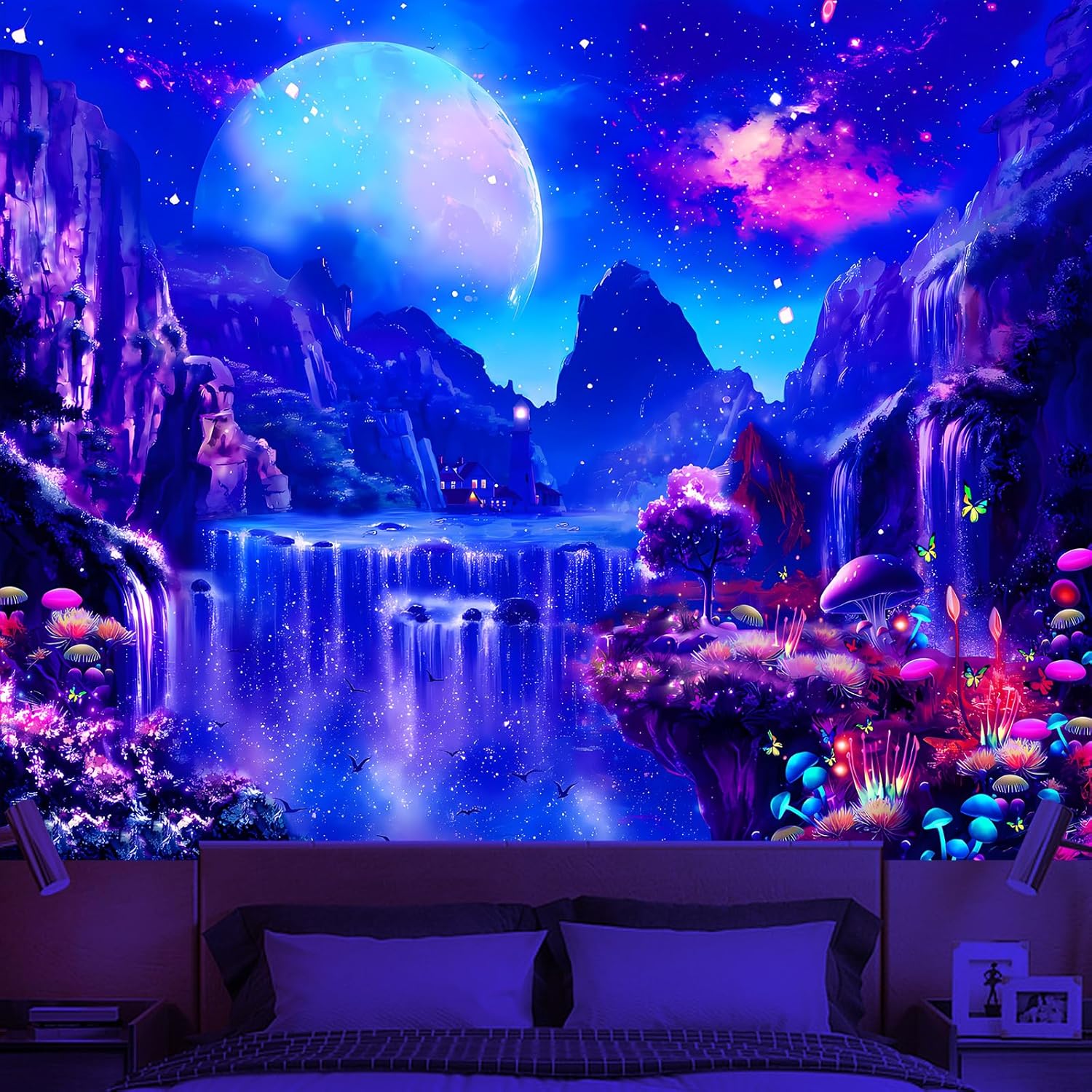 Tapestries - Avinyl Blacklight Space Tapestry for Bedroom Aesthetic Waterfall Landscape Tapestry UV Reactive Moon Galaxy Tapestries Fantasy Mushroom and Floral Wall Hanging for Living Room Decor 51in x 60in