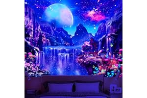 Avinyl Blacklight Space Tapestry for Bedroom Black Light Waterfall Landscape Wall Hanging UV Reactive Moon Galaxy Tapestries Fantasy Mushroom and Floral Tapestry for Living Room Decor 51in x 60in