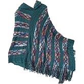 Jdlsppl Women's Hooded Poncho Long Fringe Capes Boho Knit Shawl Wraps Mexican Hoodie Soft Asymmetrical Warm Pullover