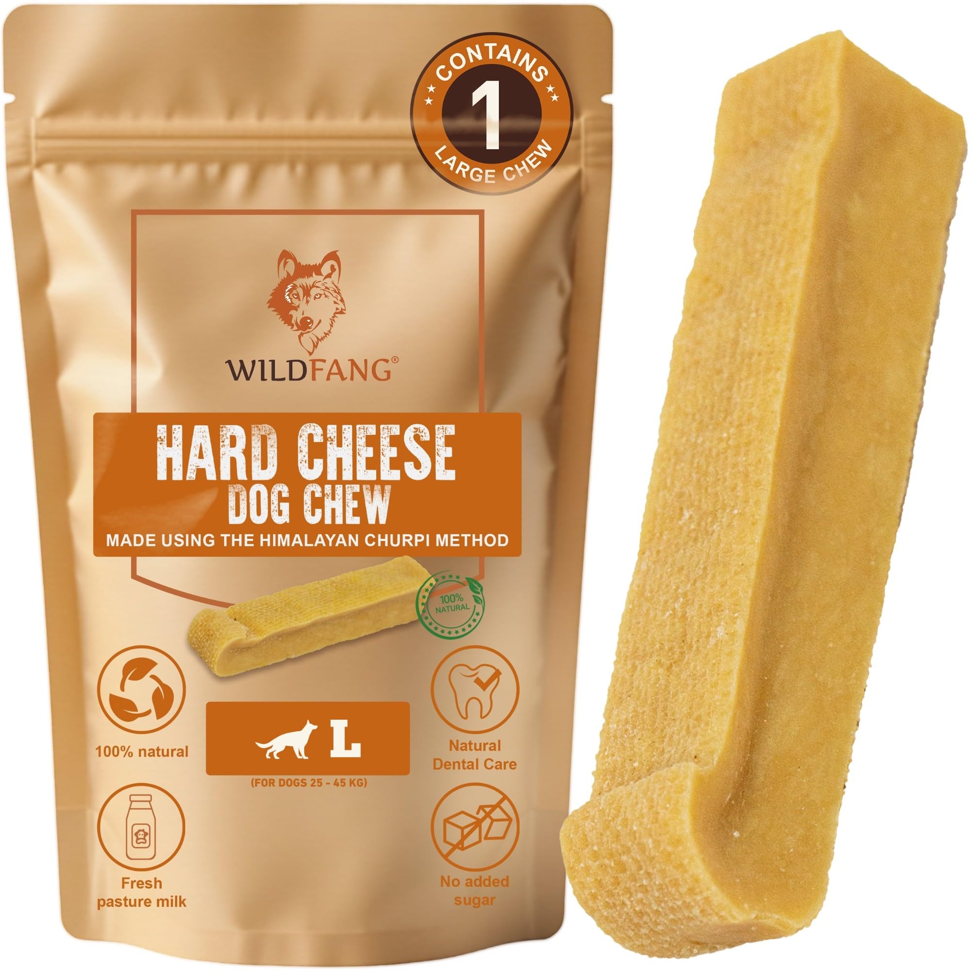 Wildfang® Yak Chews for Dogs, L (Approx. 101 g) – Himalayan Yak Cheese Dog Chews, Natural Dog Treats and Puppy Teething Toys for Healthy Gums, Hard Churpi Dental Sticks for Dogs 25-45 kg, Pack of 1