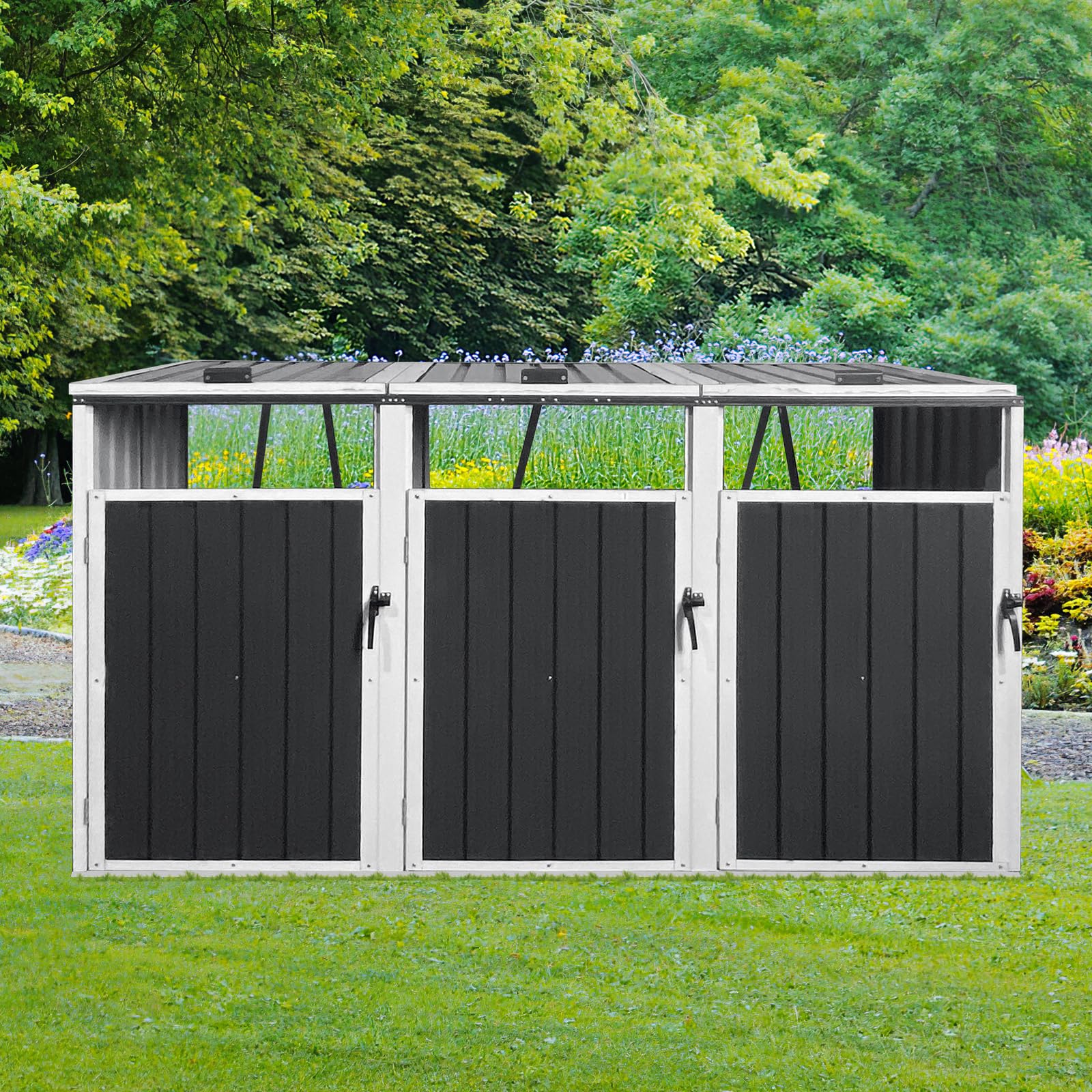 Photo 1 of ***PARTS ONLY ***INCOMPLETE***
RockRain Metal Outdoor Garbage Bin Shed: 3-Trash Can Storage with Lockable Doors & Hydraulic Lids - Corrosion-Resistant Galvanized Steel for Gardens & Lawns - Easy Assembly & Cleaning