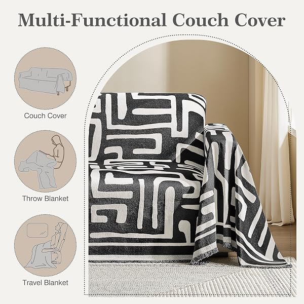 MAYMISS BOHO COUCH COVER FOR DOGS WASHABLE CHENILLE SOFA COVERS REVERSIBLE SOFA SLIPCOVER PET FRIENDLY FOR SECTIONAL SOFA, 2 OR 3 CUSHION COUCH (BOHO2 BLACK, 71″ X 150″)