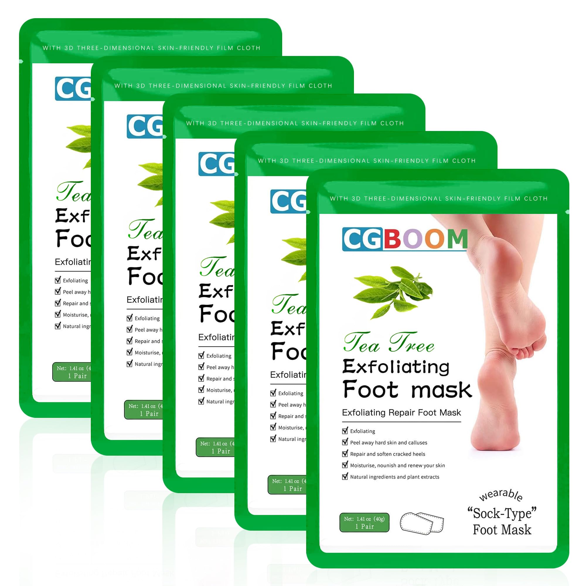 CGBOOM 5 Pack Foot Peel Mask,Exfoliating Foot Socks Calluses Remover Dead Skin, Tea Tree Moisturizing Feet Peeling Mask for Dry Skin,Cracked Heels,Foot SPA Socks for Women and Men (Tea Tree)
