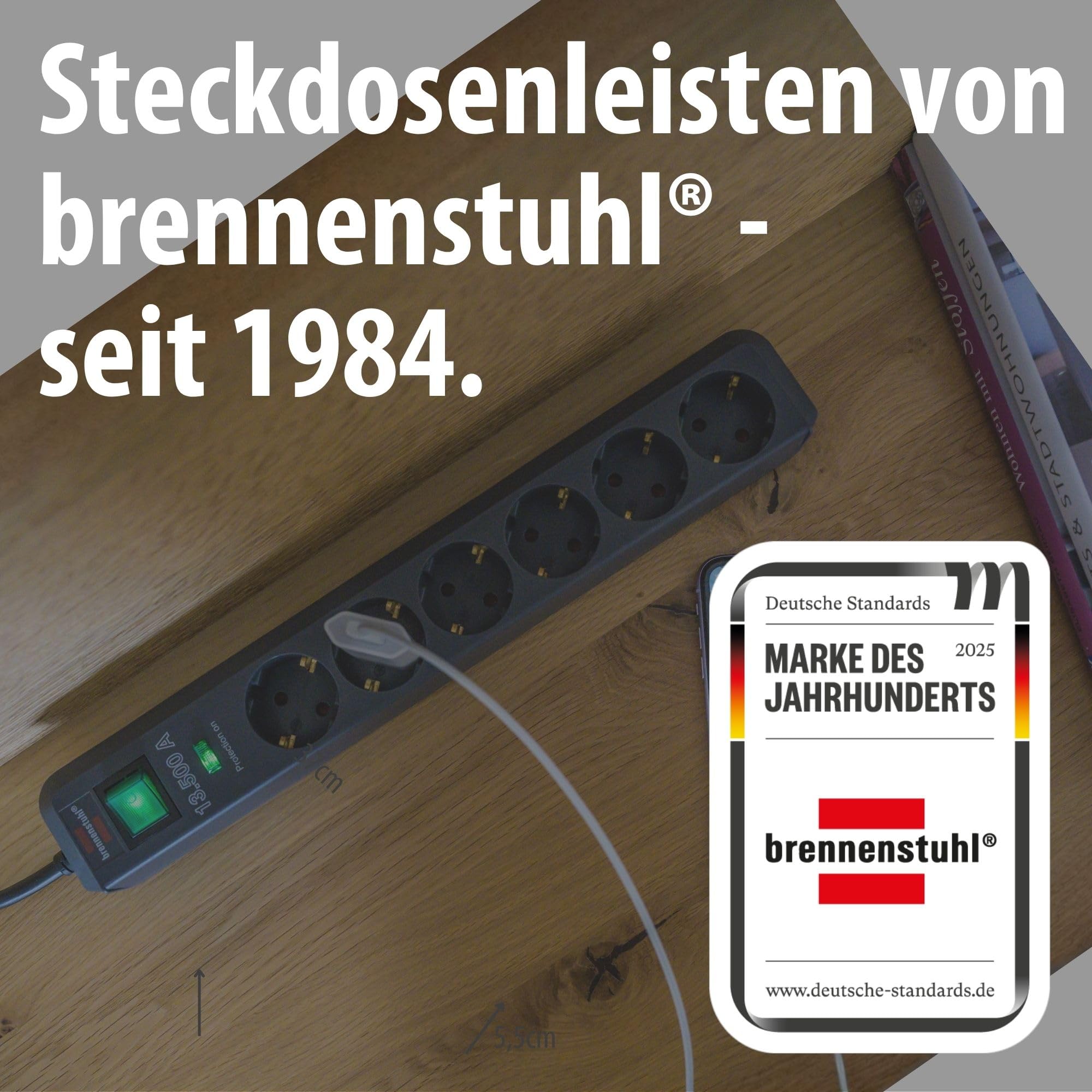 Brennenstuhl Eco-Line Steckdosenleiste 6-Fach mit Überspannungsschutz (Mehrfachsteckdose mit Schalter, 1,5m Kabel und erhöhtem Berührungsschutz) anthrazit 6